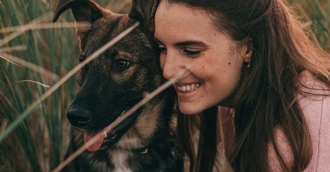 Happy young female owner in casual clothes smiling and hugging adorable loyal German Shepherd dog while spending time together in rural field at sunset