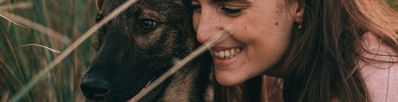 Happy young female owner in casual clothes smiling and hugging adorable loyal German Shepherd dog while spending time together in rural field at sunset